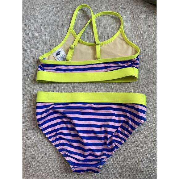 Lands' End Pink Blue Neon Stripe 2 Piece Swimsuit Bikini Girls Size 7 Swimwear - Picture 2 of 5